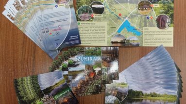 Zdjęcie przedstawia pocztówki i egzemplarze broszury informacyjnej rozłożone na stole.