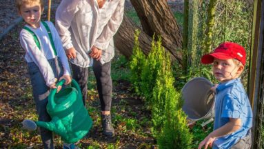 Dzieci podlewają krzewy