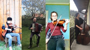 Kolaż przedstawiający muzyków grających na różnych instrumentach