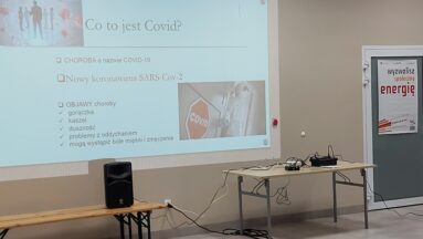 Na zdjęciu widać slajd prezentacji wyświetlany na rzutniku