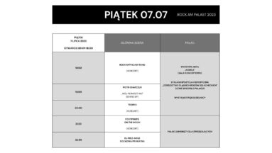 Harmonogram pierwszego dnia festiwalu: 18:00 koncert Rock am Palast band, 19:00 Piotr Charczuk standup, 20:00 koncert Teorya, 21:30 koncert Footprints on the moon. W pałacu dostępne do 20:30 wystawy aktu ,,Kamila" i stała ekspozycja pałacu.