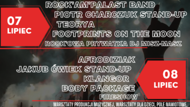 Zdjęcie przedstawia plakat wydarzenia, na którym przedstawiono wykonawców, a także logotypy patronów medialnych, partnerów i sponsorów festiwalu.