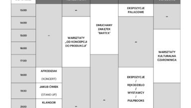 Harmonogram drugiego dnia wydarzenia: 18:oo koncert Afrodiziak, 19:30 Jakub Ćwiek standup, 21:00 koncert Klangor, 22:30 koncert Body Package, 23:30 fireshow. W pałacu o 14:00 odbędą się warsztaty produkcji muzycznej. O 15:00 rozpoczną się na tarasach ogrodowych warsztaty plastyczne dla dzieci. W pałacu do godziny 20:30 dostępne będą wystawy aktu oraz stała ekspozycja.