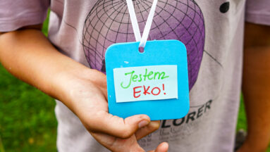 Na zdjęciu znajduje się postać dziecka w koszulce z napisem NASA. Dziecko ma na szyi plakietkę w kolorze niebieskim z napisem "Jestem EKO"