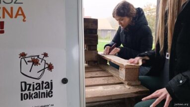 Na zdjęciu ukazane są dwie nastolatki, które wykonują pracę podczas warsztatów. Obok na tablicy znajduje się logo Programu Działaj Lokalnie