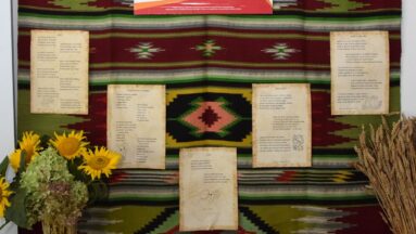 Na kolorowym materiale powieszonym na ścianie lub innej podporze znajduje się plakat Programu Działaj Lokalnie, a pod nim 5 kartek. Poniżej na stole znajduje się bukiet polnych kwiatów oraz dynia