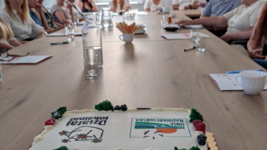Na pierwszym planie znajduje się tort z logotypami Działaj Lokalnie oraz Stowarzyszenia "Unia Nadwarciańska". W tle siedzą ludzie.